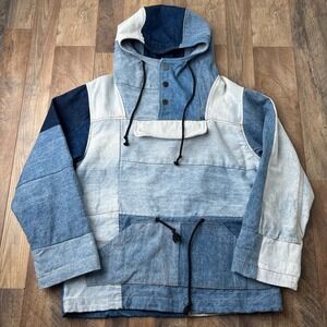 Patchwork Denim Jacket Womens Size Small Hooded Anorak Blue‎ MNML Cotton